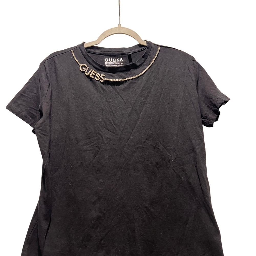GUESS Womens Short Sleeve Rhinestone Embellished Logo Crew Neck Size XL
